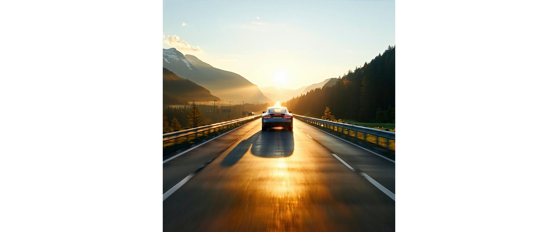 Car driving on an Austrian highway at sunset
